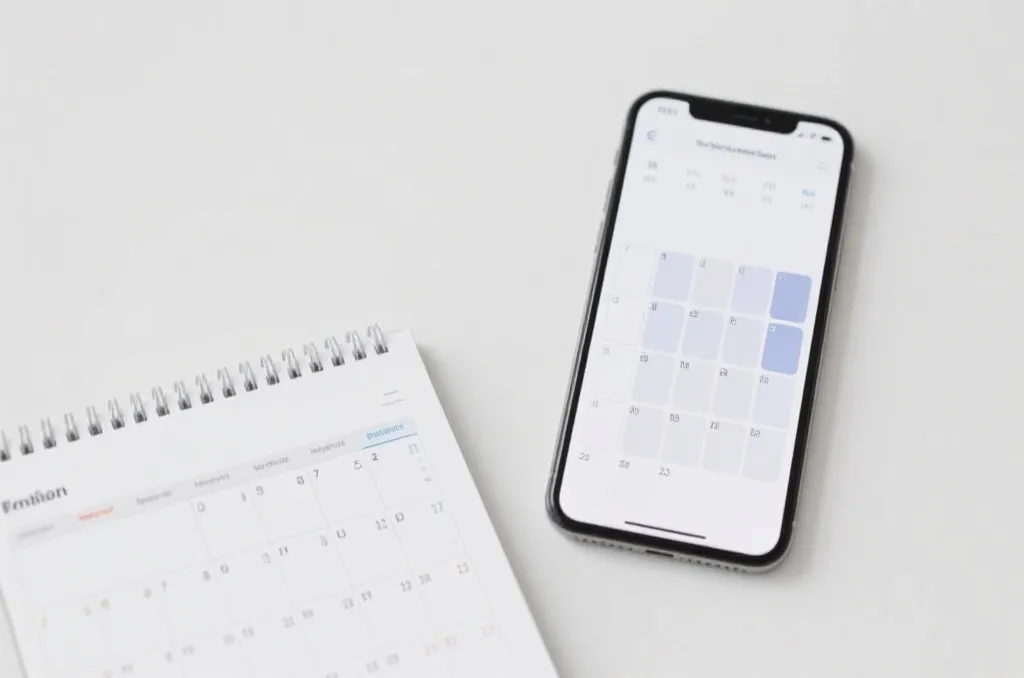 A minimalist calendar planner and a modern smartphone showing an organized schedule with clean time blocks, symbolizing disciplined planning and efficiency.